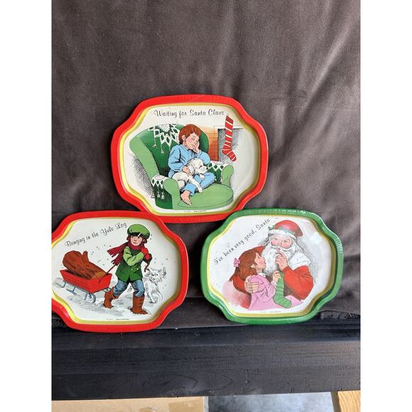 VTG J.S.N.Y. Christmas Metal Tin Cookie Snack Trays Holiday Set of 3 Granny Old - Picture 1 of 4